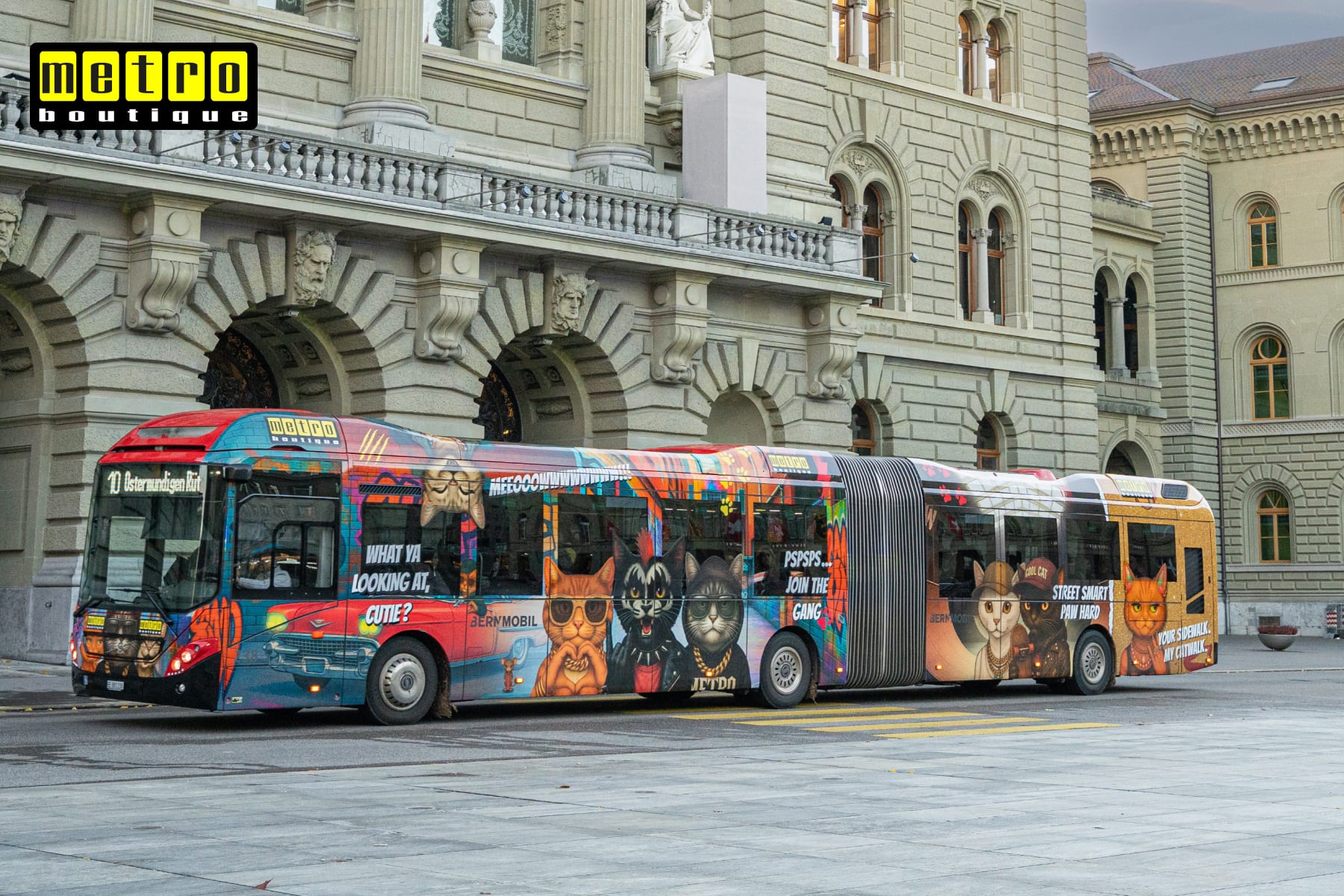 Gestaltung Katzen Bus für Metro Boutique in Bern Bernmobil Bus vor dem Bundeshaus